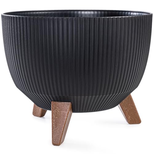 KONZEPT Pflanzschale Groß 29cm Schwarz, Blumentopf mit Füßen, wetterfest & UV-beständig, mit Wasserabfluss-Einsatz, Übertopf für Innen & Außen