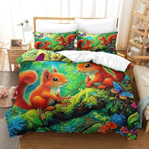 Impresión 3D Squirrel Juego De Cama De con Cierre De Cremallera Funda De Almohada Funda De Edredón Microfibra Super King（260x220cm）