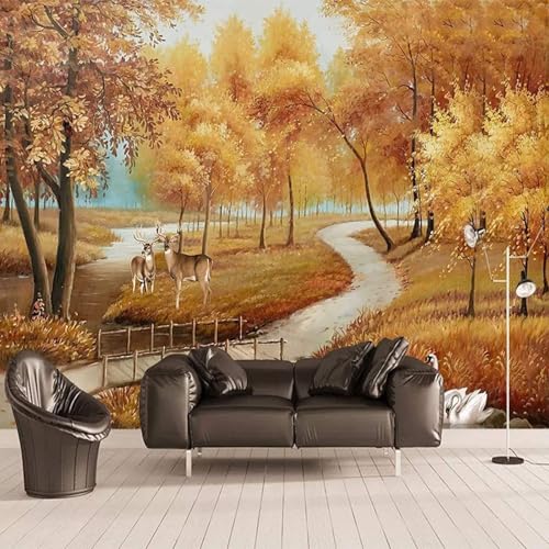 Tzxztt Oro Bosques Río Animal Alce Moderno Papel Pintado 3D Seda Texturizada Primera Calidad Neutros Material Ideal Para SalóN Dormitorio-300cm×210cm