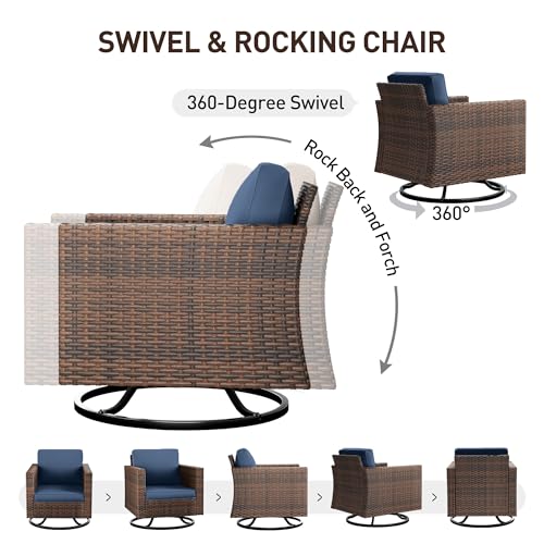 Image of UDPATIO Patio Furniture Set with Fire Pit Table, Rocking Swivel Chairs, 5 Pieces Outdoor Furniture Sets, All-Weather Wicker Outdoor Sectional Sofa with Waterproof Cover, 4'' Thickened Cushion, Navy