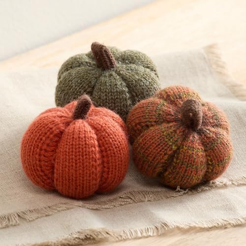 Your Heart's Content - Ensemble de 3 citrouilles tricotées, décoration d'automne chaleureuse, décoration verte, remplissage de bol orange doré chaud, support d'étagère de table (Coffret 3 érables épicés)