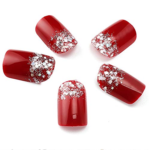 Amazon Com Liarty 24pcs False Nail Glitter Decorated Solid Red Short Square Full False Nails Tips Red Glitter Beauty Personal Care