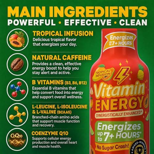 Image of Vitamin Energy Tropical Infusion Extra Strength Energy Shot, 8 Pack - Up to 7 Hrs, 260mg Natural Caffeine, Zero Sugar - BCAAs + CoQ10, Focus Support, B12 B6 Niacin, 1.93 fl oz, Keto Vegan