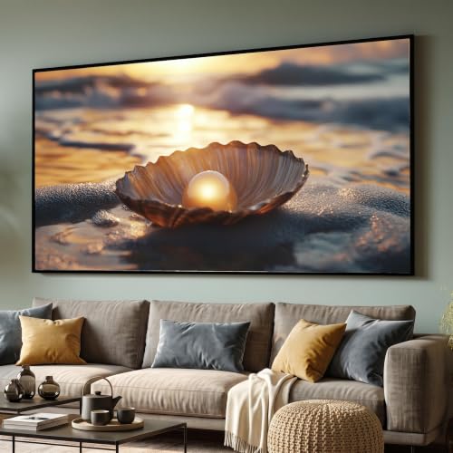 Tableau sur toile Coquillage Perle Dorée 50x90cm avec cadre intérieur pour décoration murale