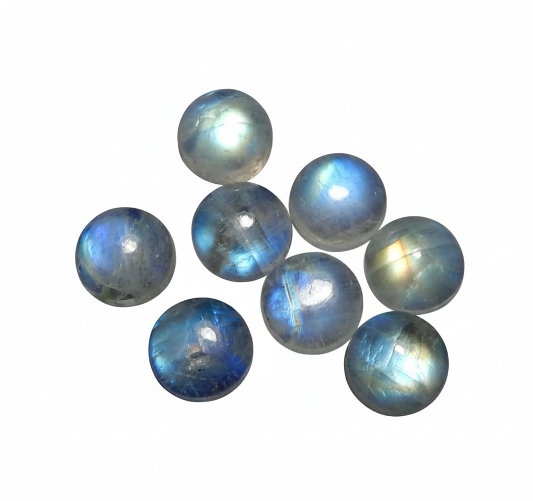 8mm Round Shape Blue Fire AAA Quality Natural Rainbow Moonstone Calibrated Cabochon Loose Gemstone 8 pcs Box.