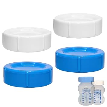 Travel Storage Caps Compatible with Dr. Browns Wide-Neck Bottles, Leak-Resistant, BPA-Free Plastic, Ribbed Grip, 4 Count White and Blue