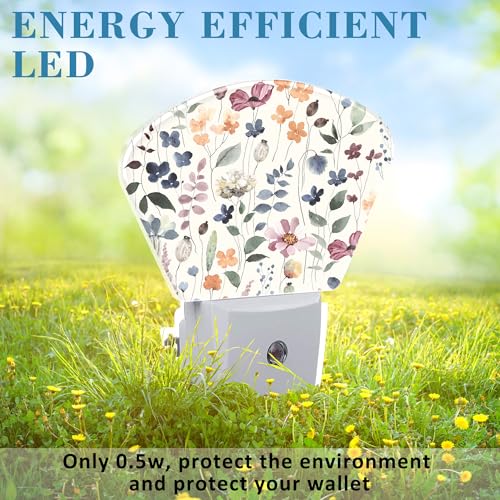 Image of Watercolor Flowers Night Light for Kids Girls Boys, Leaves and Plants LED Night Light Plug into Wall with Dusk to Dawn Sensor for Bedroom, Hallway, Kitchen, Bathroom, Stairs Decor