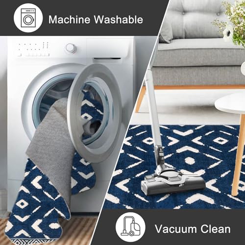 KILOCOCO Hallway Runner Rug 2.6'x10' Runners for Hallways Washable Runner Soft Non Slip Printed Geometric Low-Pile Rugs Runners for Bedroom Kitchen Living Room Boho Rugs, Blue