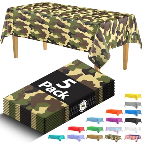5 Pack Premium Camo Plastic Tablecloth - 108 x 54 in. Army Birthday Party Decorations - Disposable Army Party Decorations Plastic Table Cloth - Decorative Rectangle Table Cover - Camouflage Tablecloth