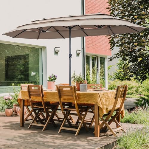 Ainfox 15ft Large Patio Umbrella, Outdoor Double-Sided Pool Umbrellas, 3 Tiers Large Rectangle Market Umbrella for Poolside Lawn Garden, Khaki