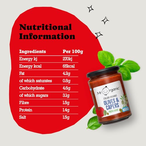 Mr Organic - No Added Sugar Olives & Capers Pasta Sauce 350g - Non-GMO - No Artificial Preservatives or Colours - Rich & Delicious Flavour
