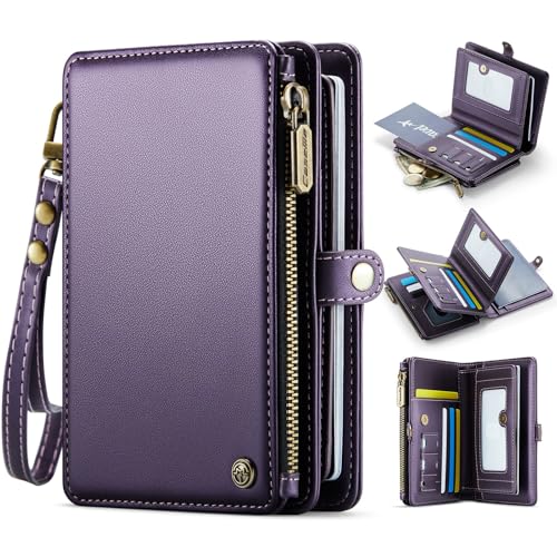 XIMAND Passport Holder Wallet Bag with 11 Card Slots and Passport Solt Cash Solt Photo Solt Zipper Pocket, RFID Blocking Wristlet Strap For Travel.Purple