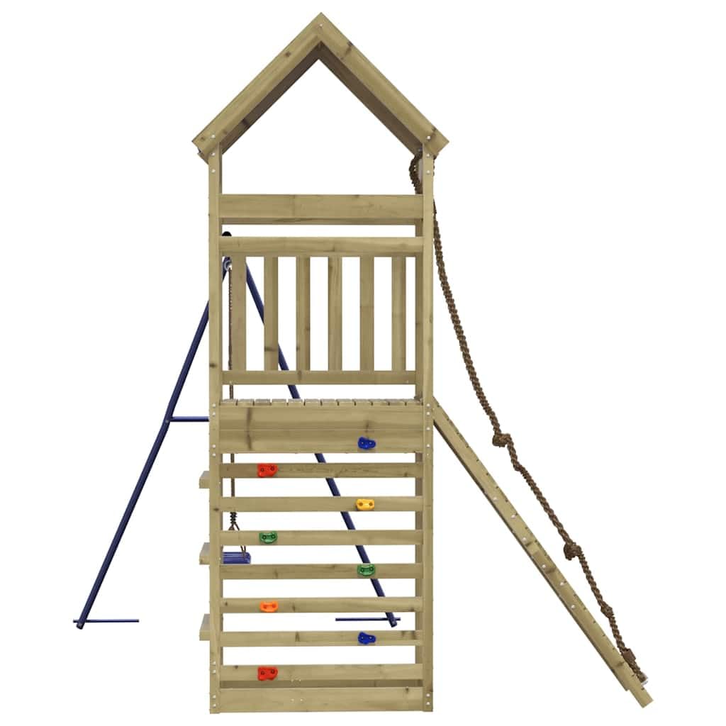 Set de juego exterior para niños de madera de pino con torre y columpio