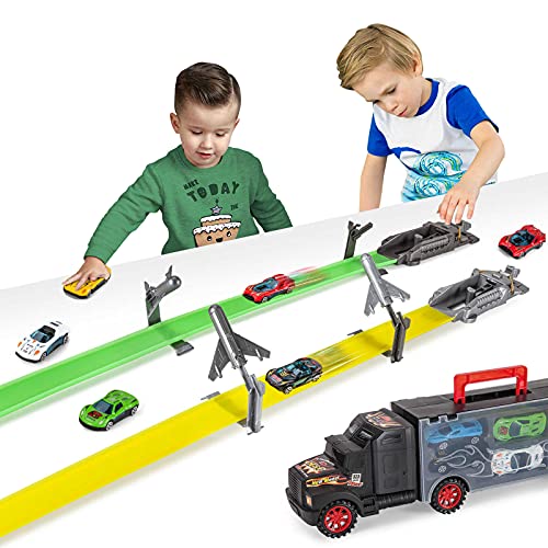 Abincee Toddler Toys for 3-5 Year Old Boys,Toy Truck Carrier with 12 Die-cast Vehicles Toy Cars and 2 Race Tracks,Gift for Kids Age 3 4 5 6 7 - Thumbnail 2