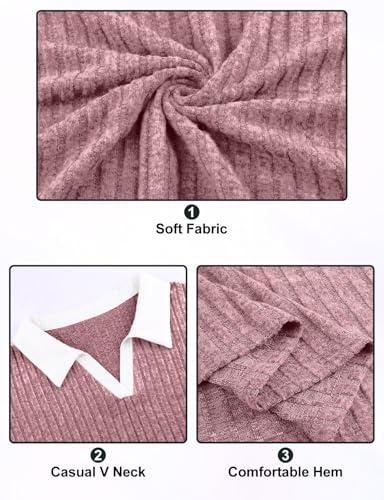 Image of Koscacy Women Plus Size Casual Knit Sweater Lapel V Neck Solid Color Tops Lightweight Long Sleeve Blouses