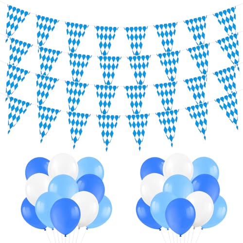 Oktoberfest Deko Set,2 Stück 10m Oktoberfest Wimpelkette Girlande,20 x 30cm Blau/Weiß Bayerische Deko Banner,Bayrische Wimpelkette,30 Luftballons Blau Weiß,für Innen Outdoor Bierfest Party Hausgarten