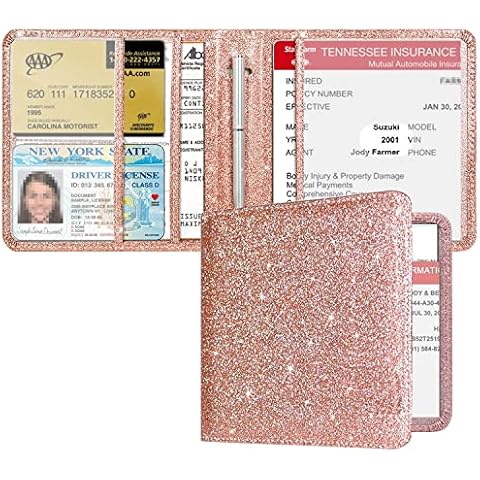 RSAquar Car Registration and Insurance Holder, Vehicle Glove Box Car Organizer Men Women Wallet Accessories Case for Cards, Essential Document, Driver License, Rose Gold Glitter Cover