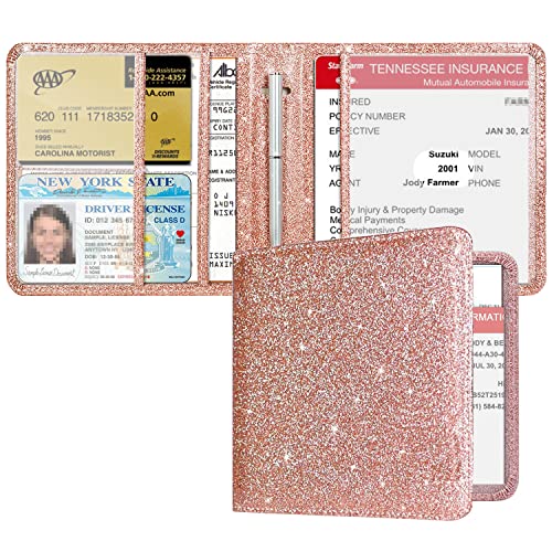 RSAquar Car Registration and Insurance Holder, Vehicle Glove Box Car Organizer Men Women Wallet Accessories Case for Cards, Essential Document, Driver License, Rose Gold Glitter