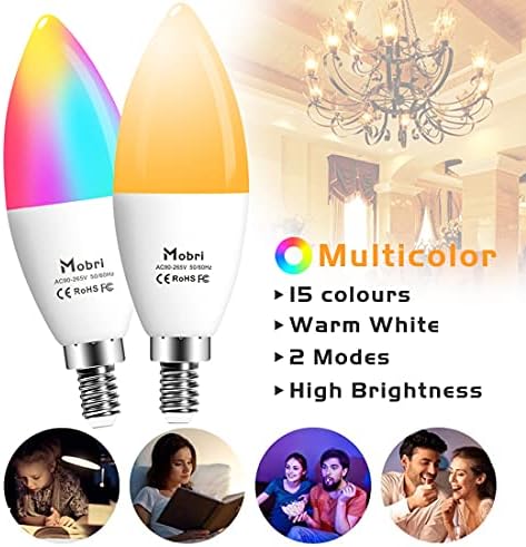 Mobri E14 Candle LED Light Bulbs, 5W Colour Changing with Remote Control, 40W Equivalent Small Edison Screw , RGB+Warm White (2700K)