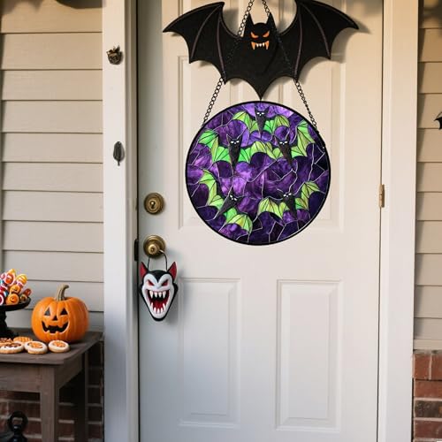 Image of Stained Glass Window Hanging - Halloween Decorations Black Bat with Green Wings Suncatcher for Doors Garden Indoor Spooky Sun Catchers Gothic Decor Horror Gifts for Women Men Friend 9.8 in