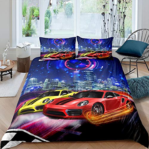 Sports Car Bedding Double Extreme Sports Duvet Cover for Kids Boys Teens Cityscape Racing Car Bedding Set Automobile Style Quilt Cover Luxury Modern Room Decor Blue Red Yellow Comforter Cover