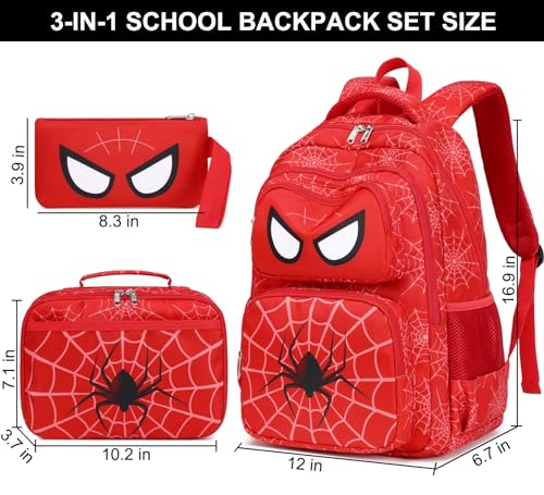JIANYA Kids Backpack for School Boys, Spider School Bag for Elementary Kids Children 3pcs Boys Backpack with Lunch Box & Pencil Case, Red - Image 5
