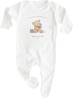 First Mothers Day Gift Baby Grow Sleepsuit Outfit Personalised Our First Mothers Day Bear Blue text
