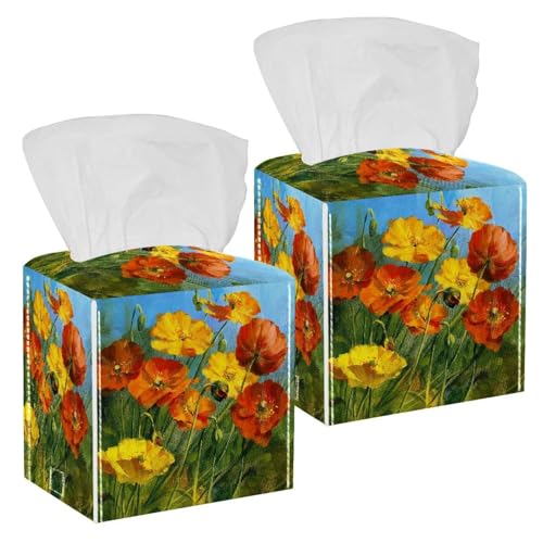 2 scatole quadrate per fazzoletti, in pelle con papaveri, per carta facciale, organizer per cosmetici, comodino, tavolo, piano di lavoro, ufficio, auto