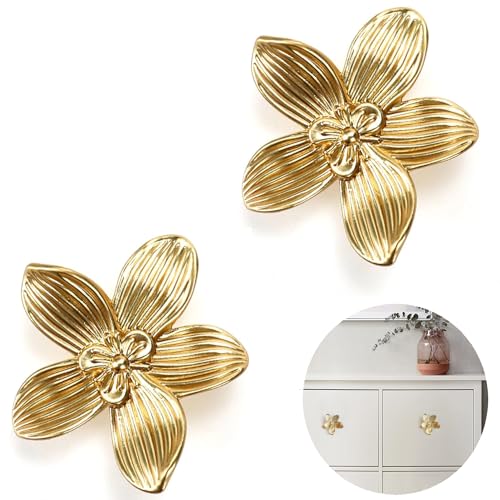 Pomos de armario, 2 unidades, diseño de flores doradas, pomos para armario, pomos para muebles, pomos de muebles, pomos de muebles para dormitorio, baño, puerta de cocina
