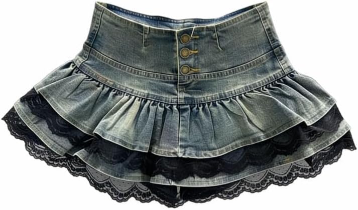 Preppy Lolita Kawaii Skirts Sweet Mini Women Cute Ball Gown Denim Skirt Y2K High Waist Lace Cake Skirts