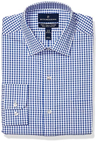 Amazon Brand - Buttoned Down Men's Classic Fit Tech Stretch CoolMax Easy Care Dress Shirt, Navy Gingham, 16.5