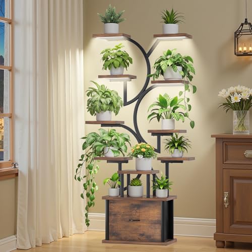 Image of Plant Stand Indoor with Grow Lights - 11 Tiered Plant Shelf with Drawer, 65 inch Corner Plant Stands for Indoor Plants, Plant Stand for Multiple Plant, Flower Display Rack for Home, Living Room, Patio