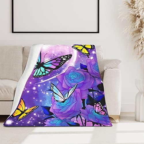Jiemifu Butterfly Throw Blanket Soft Fleece Fuzzy Flannel Blanket Warm Plush Blanket for Couch Bed Sofa Chairs Picnic (Purple,50×60 inch)
