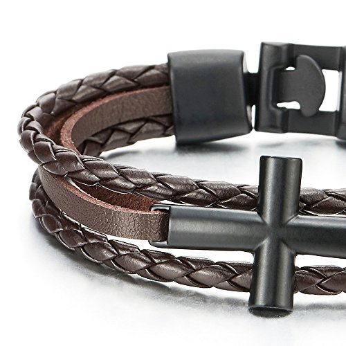 COOLSTEELANDBEYOND Black Horizontal Sideway Lateral Cross Brown Braided Leather Bangle Bracelet for Men Women Wristband3