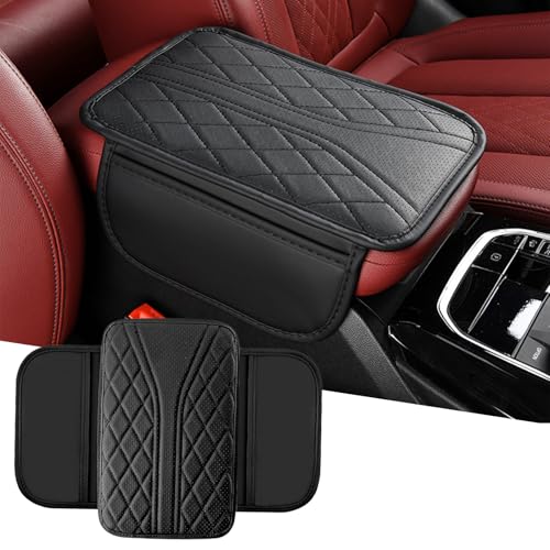KoiLuvGo Upgraded Car Center Console Cover, Leather Auto Armrest Cover with 2 Storage Bags, Waterproof Center Console Protective Pad, Universal Cars Armrest Storage Box for Sedan, SUV, Truck (Black)