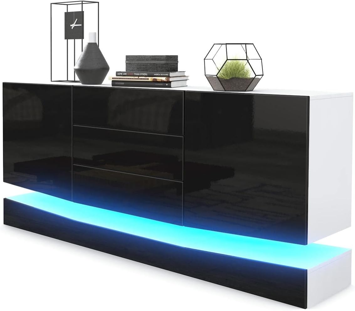Vladon Sideboard Kommode City, Korpus in Weiß matt/Fronten in Schwarz Hochglanz inkl. LED Beleuchtung