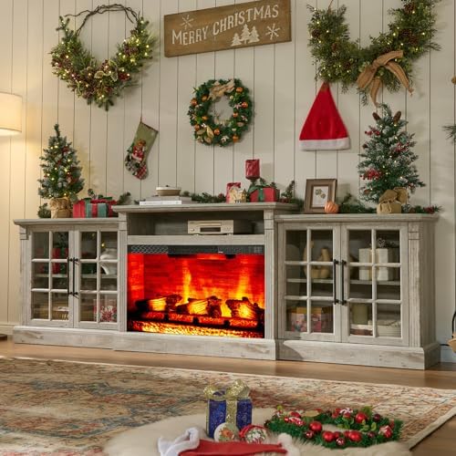 AMERLIFE 97" Farmhouse Fireplace TV Stand, Entertainment Center with Large Storage Space and Adjustable Shelf, Media Console for Living Room, White/Barnwood - Thumbnail 3