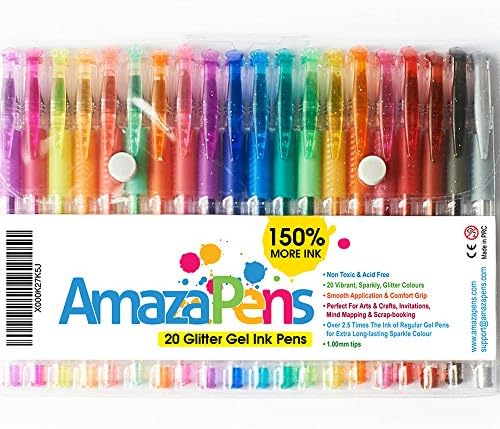 Pens - Glitter Gel by AmazaPens - 20 Pack Super Glitter Colored Pen Sets | Best for Adding Sparkle to Your Adult Coloring Books and Art Projects.