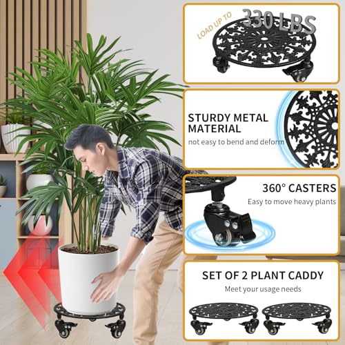GARGENTOL Rolling Plant Stand with Wheels, 2 Pack Heavy Duty Metal Plant Caddy 11 Inch Wrought Iron Plant Dolly Outdoor Round Plant Rollers Stand for Large Potted Plants and Flower Pot, Black