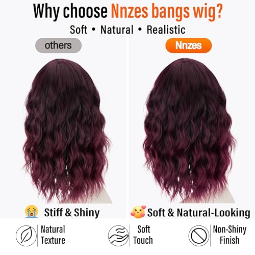 Image of Nnzes Short Wavy Bob Wig with Bangs for Women Shoulder Length Curly Wine Red and Black Synthetic Heat-Resistant Fiber Hair for Daily & Party Use