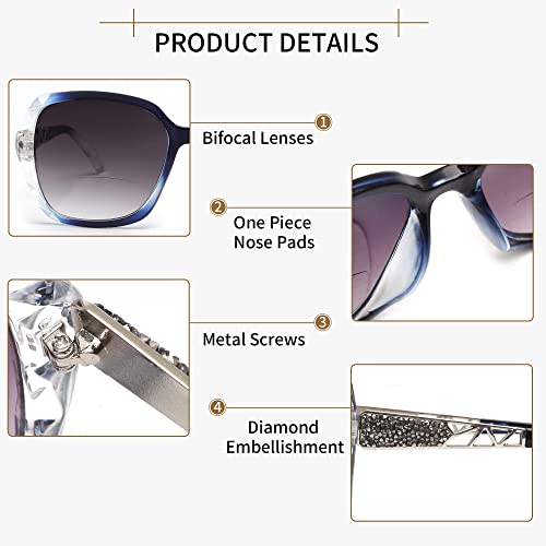 JM Bifocal Reading Sunglasses, Oversized Sun Reader Glasses for Women UV Protection Outdoor Clear Blue +2.0 - Image 4
