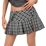 C-ZOFEK Mini Plaid Slit Skirt Women's US Size Pleated Skirt Schoolgirl Uniform (US, Alpha, Small, Regular, Regular, Black)