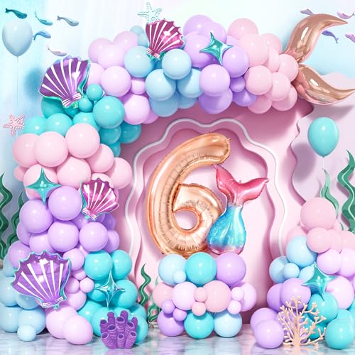 Kit Arco Globos Sirena Cumpleaños 6 año, 125 Piezas Guirnalda De Globos Pastel Morado Rosa Azul Teal Con Número 6 Globo Para Niña Decoraciones Fiesta Temática Cumpleaños Sirena y Océano Bajo el Mar
