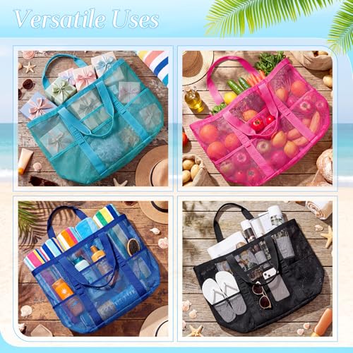 Image of Hillban Large Beach Mesh Bags Bulk for Women Beach Tote Bag with 8 Pocket Zipper Waterproof Sandproof for Pool Cruise Ship