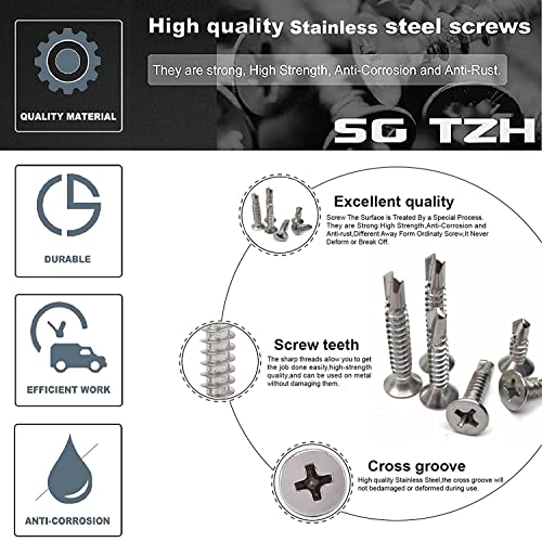 #6 x 5/8" Sheet Metal Screws 100Pcs 410 Stainless Steel Flat Head Fast Self Tapping Screws by SG TZH - Thumbnail 4