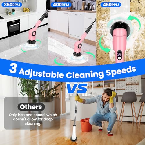 Image of Electric Spin Scrubber, Upgraded Cordless Shower Scrubber Cleaning Brush, IPX7 Bathroom Scrubber with Extension Handle, Electric Cleaning Brush for Floor Tile, Tub, Kitchen, Window- Pink