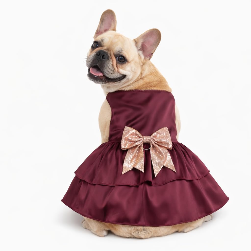 House of Furbaby Burgundy Dog Dress, Wedding & Special Occasion, Dog Flower Girl Dress, The Eloise, Satin & Sequins, Large (12-18lbs)
