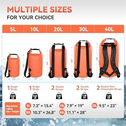 MARCHWAY Floating Waterproof Dry Bag Backpack 5L/10L/20L/30L/40L, Roll Top Sack Keeps Gear Dry for Kayaking, Rafting, Boating, Swimming, Camping, Hiking, Beach, Fishing (Orange, 20L) - Thumbnail 3
