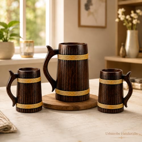 Image of Handcrafted Wooden Beer Bar Combo Set|Beer Mug |Barrel Shaped Jumbo Mug| (Thin Lines)(Set of 3) (2 Small Beer Mug 350ML Each & 1 Beer Jug Large 750ML)