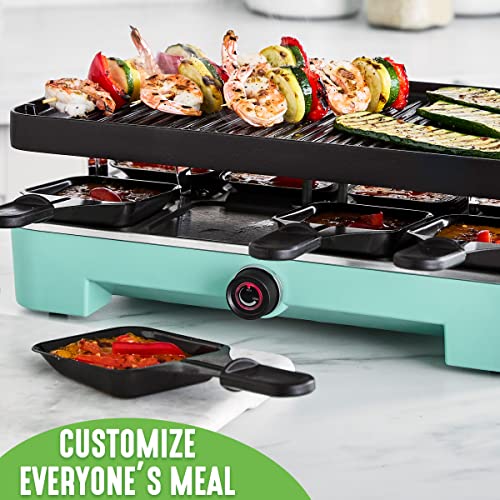 Greenlife Raclette Indoor Tabletop Grill, Healthy Ceramic Nonstick, 2-In-1 Grill And Griddle, 8 Square Nonstick Pans, Adjustable Temperature Control, Easy Indicator Light, Pfas-Free, Turquoise #TOP7
